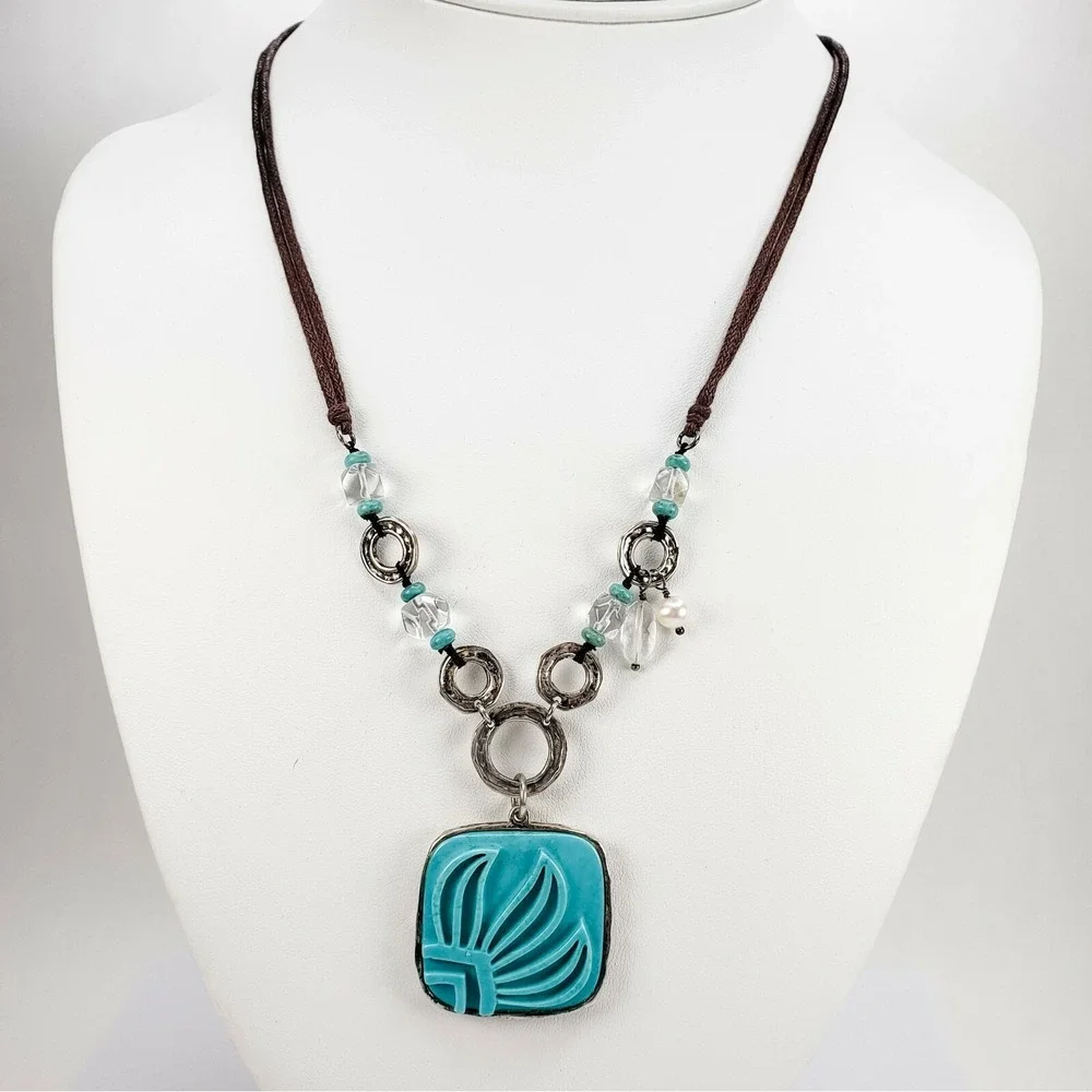 Silpada Necklace Sterling Silver 19.5in Blue Carved Turquoise Pendant Mixed Bead